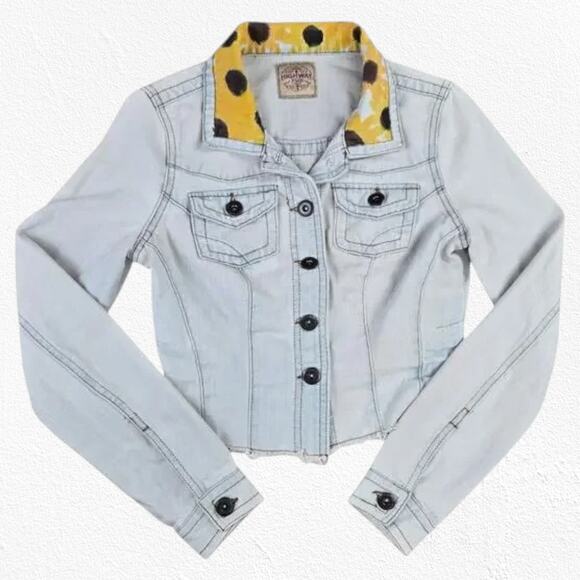 Y2K Light Acid Wash Hand Painted Sunflower Highway Jeans Denim Jacket Size Small - Picture 1 of 8